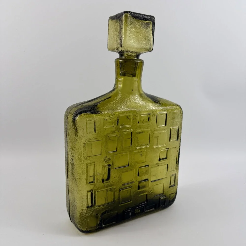 Empoli Brutalist Olive Green Art Glass Decanter Geometric Bottle Italy MCM